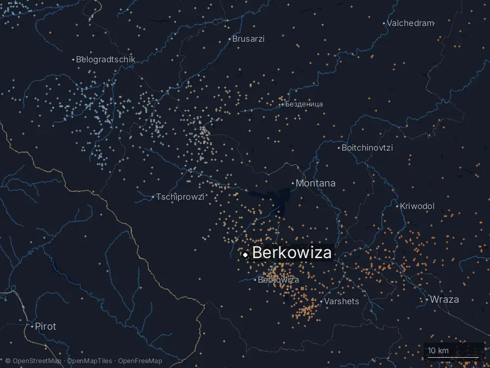 Karte der Blitze bei Berkowiza am Montag, 1. Juni 2026
