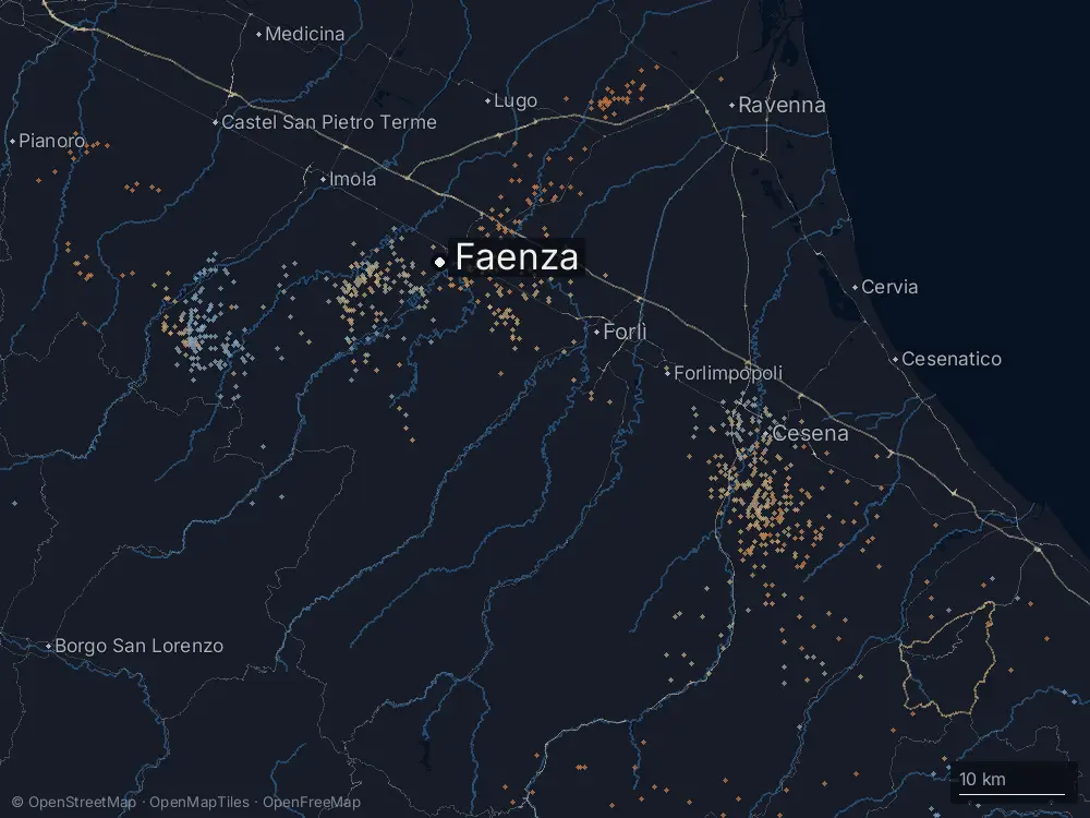 Karte der Blitze bei Faenza am Montag, 1. Juni 2026