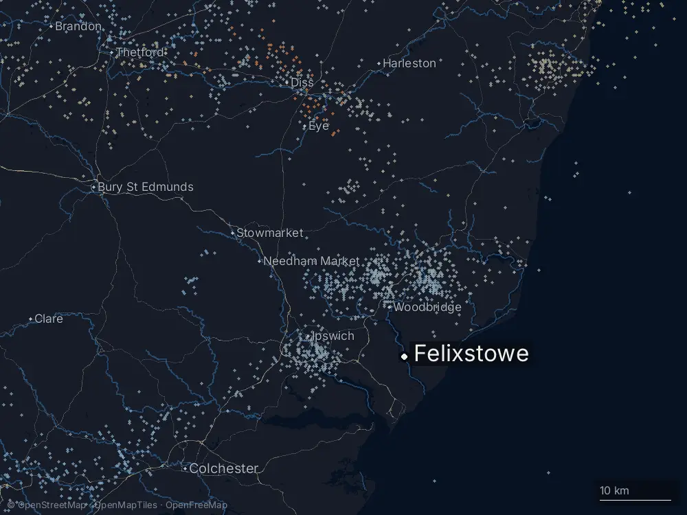 Karte der Blitze bei Felixstowe am Dienstag, 2. Juni 2026