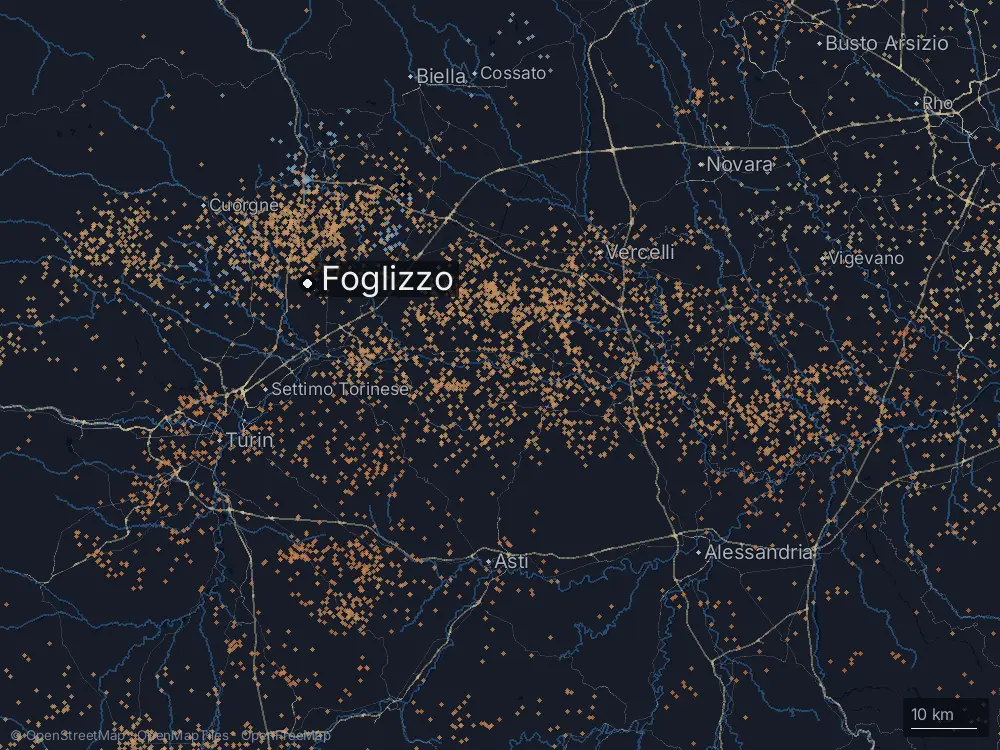 Karte der Blitze bei Foglizzo am Dienstag, 2. Juni 2026