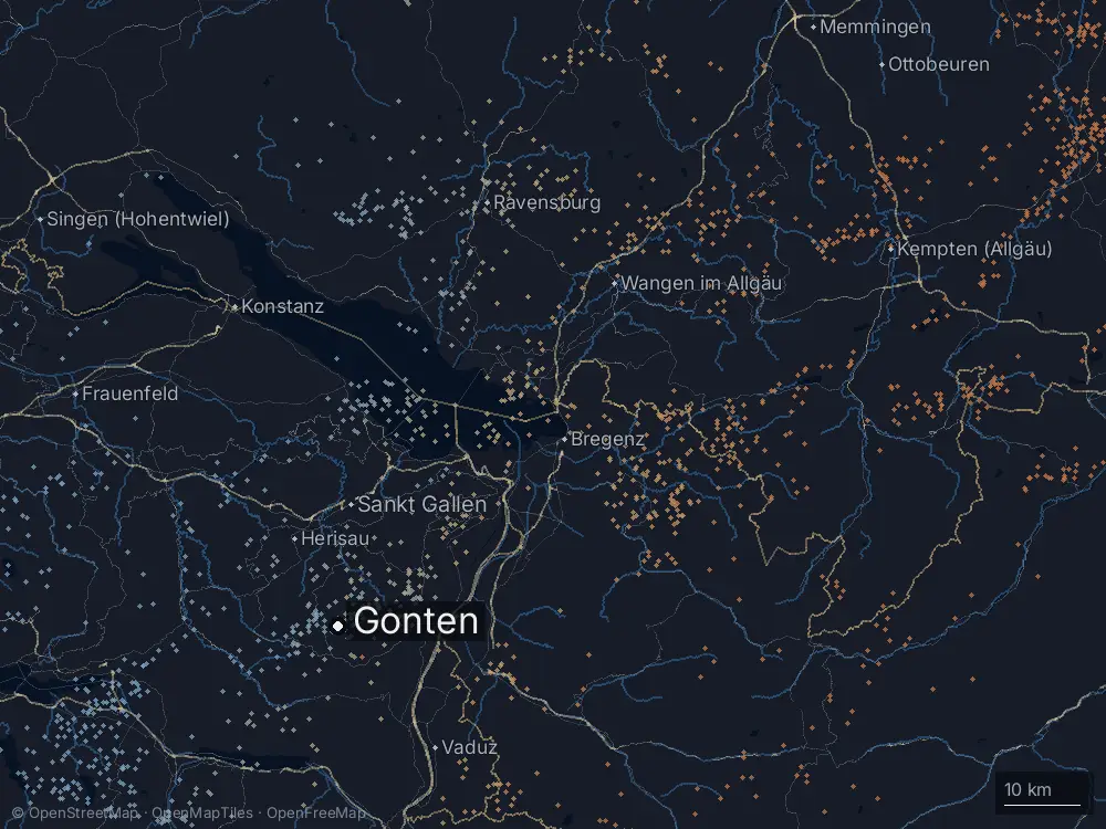 Karte der Blitze bei Gonten am Dienstag, 2. Juni 2026