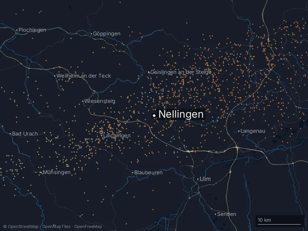 Karte der Blitze bei Nellingen am Dienstag, 2. Juni 2026