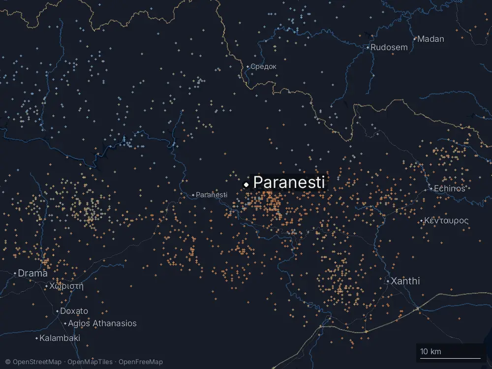 Karte der Blitze bei Paranesti am Dienstag, 2. Juni 2026