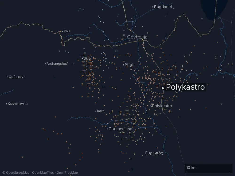 Karte der Blitze bei Polykastro am Dienstag, 2. Juni 2026