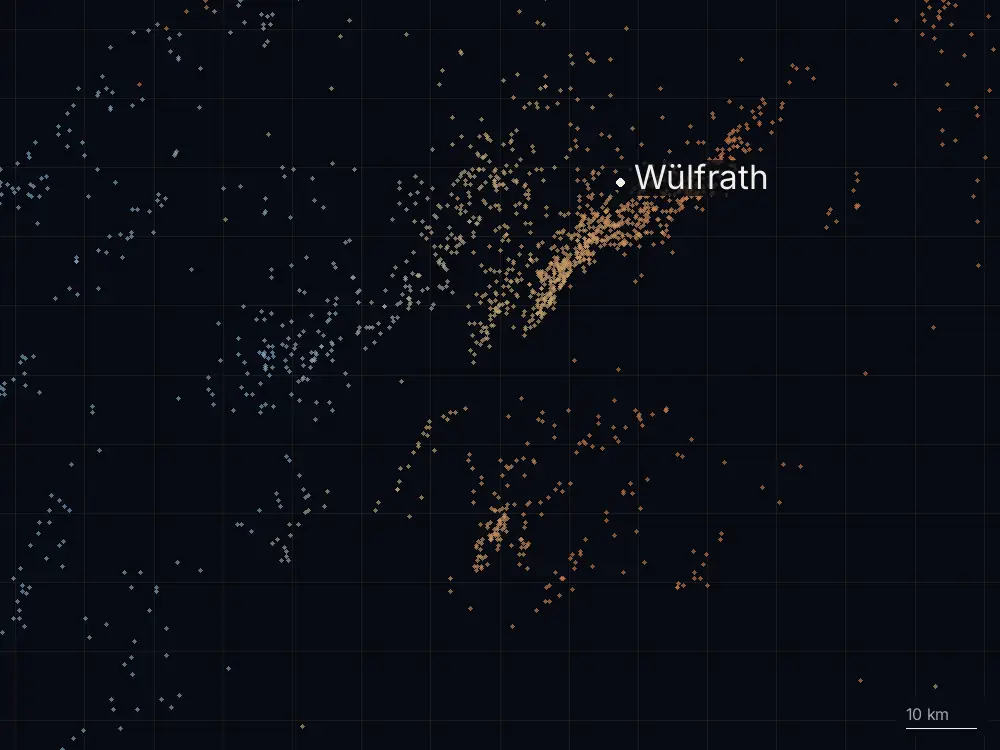 Karte der Blitze bei Wülfrath am Dienstag, 2. Juni 2026