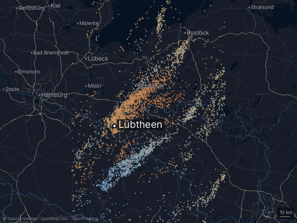 Karte der Blitze bei Lübtheen am Donnerstag, 4. Juni 2026