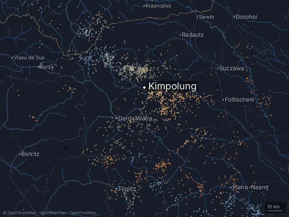 Karte der Blitze bei Kimpolung am Samstag, 6. Juni 2026