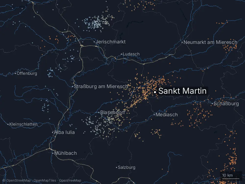 Karte der Blitze bei Sankt Martin am Samstag, 6. Juni 2026