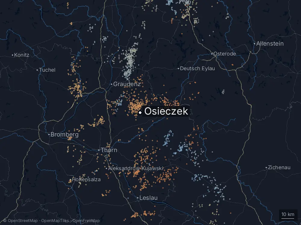 Karte der Blitze bei Osieczek am Sonntag, 7. Juni 2026
