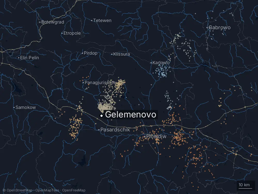 Karte der Blitze bei Gelemenovo am Montag, 8. Juni 2026