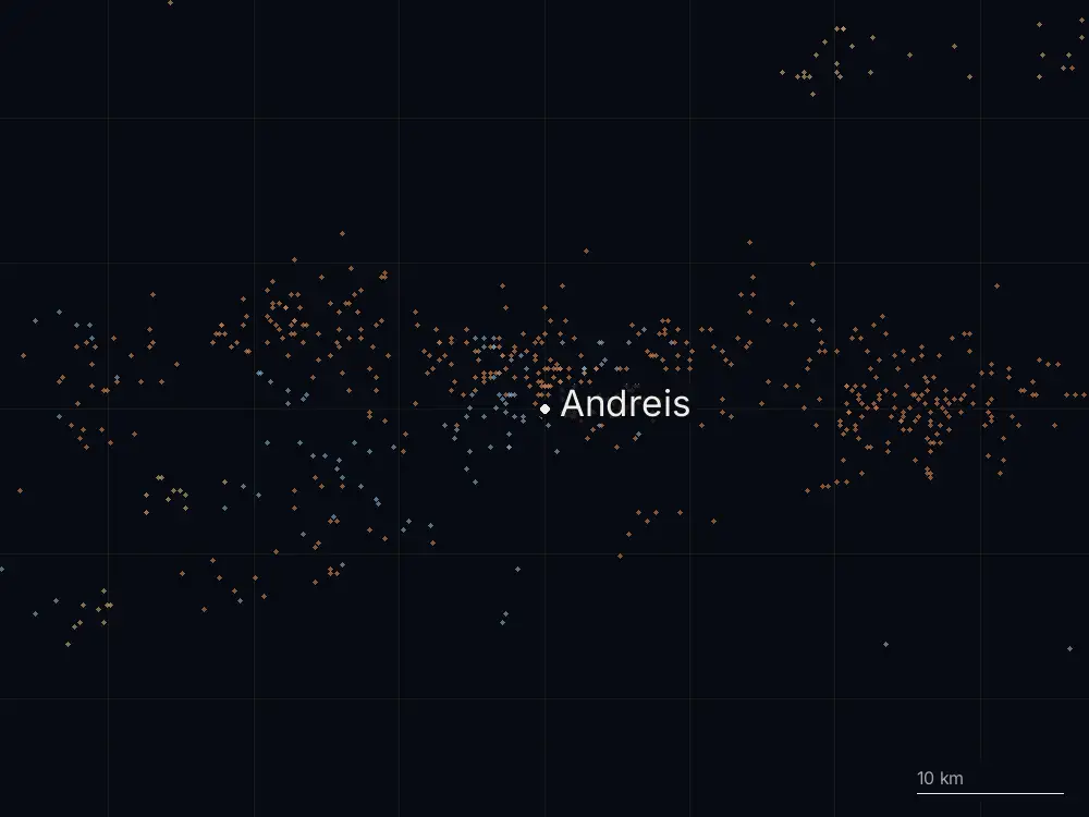 Karte der Blitze bei Andreis am Dienstag, 9. Juni 2026