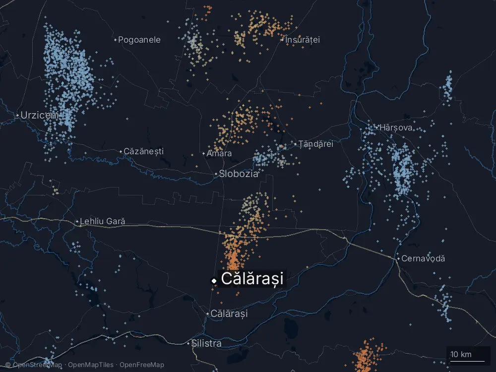Karte der Blitze bei Călărași am Dienstag, 9. Juni 2026