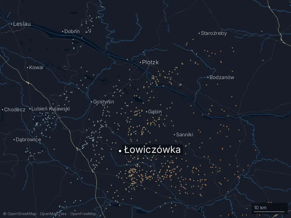 Karte der Blitze bei Łowiczówka am Dienstag, 9. Juni 2026