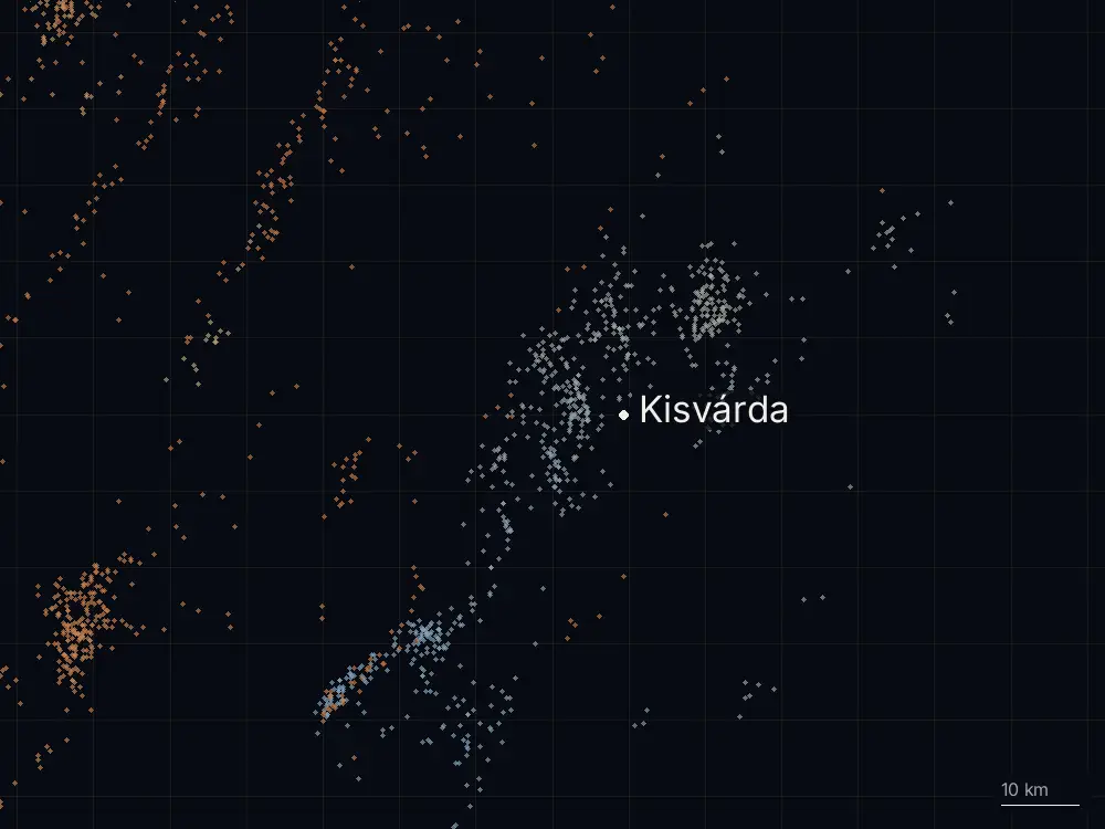 Karte der Blitze bei Kisvárda am Mittwoch, 10. Juni 2026