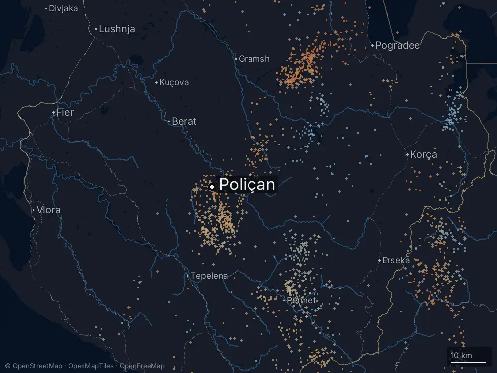 Karte der Blitze bei Poliçan am Mittwoch, 10. Juni 2026