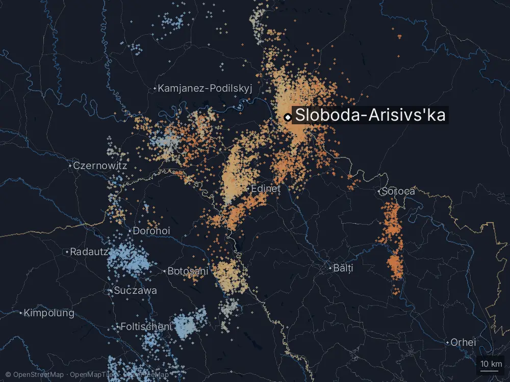 Karte der Blitze bei Sloboda-Arisivs'ka am Donnerstag, 11. Juni 2026