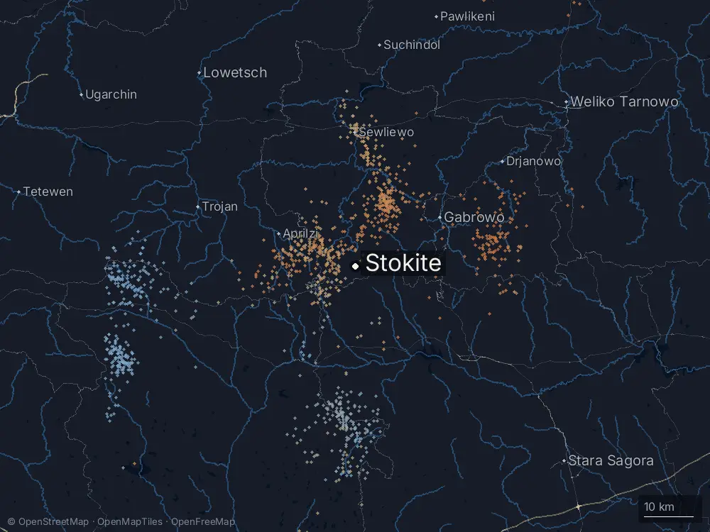 Karte der Blitze bei Stokite am Donnerstag, 11. Juni 2026