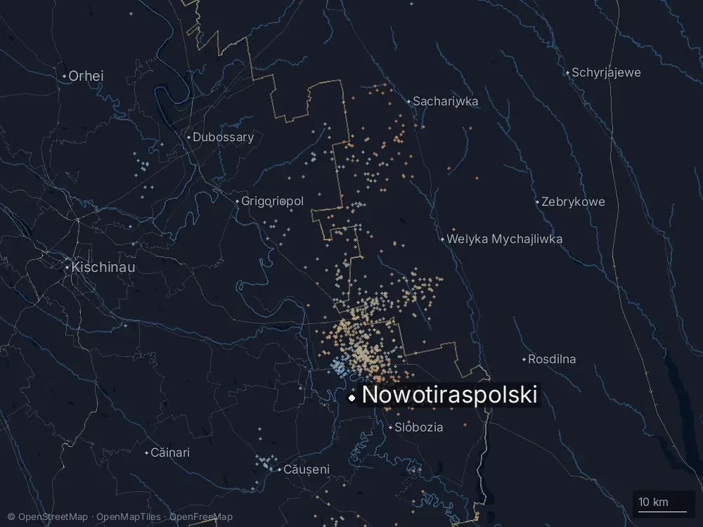 Karte der Blitze bei Nowotiraspolski am Freitag, 12. Juni 2026