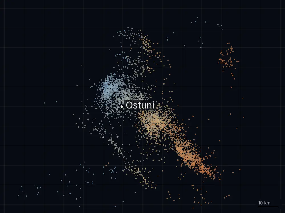 Karte der Blitze bei Ostuni am Freitag, 12. Juni 2026