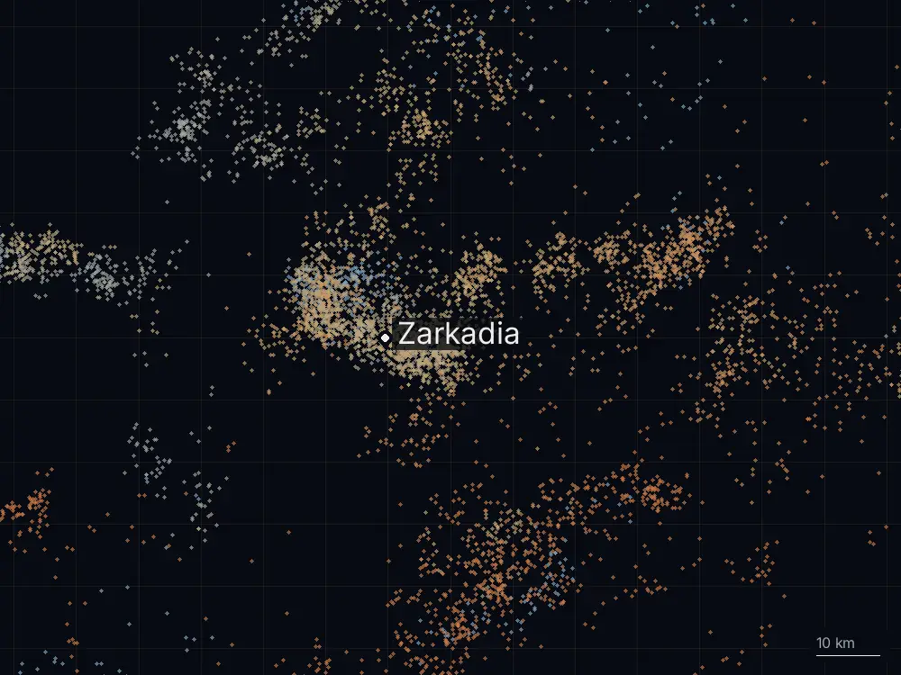 Karte der Blitze bei Zarkadia am Freitag, 12. Juni 2026