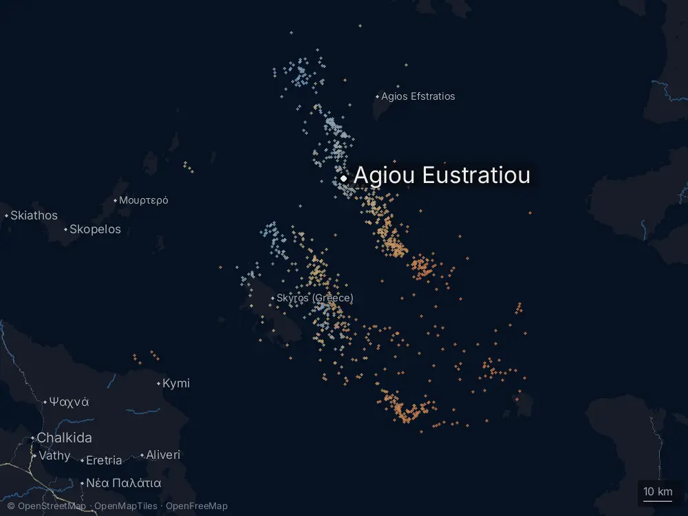 Karte der Blitze bei Agiou Eustratiou am Samstag, 13. Juni 2026