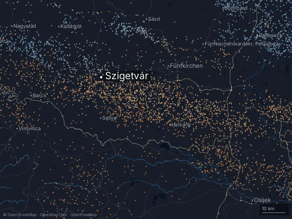 Karte der Blitze bei Szigetvár am Sonntag, 14. Juni 2026