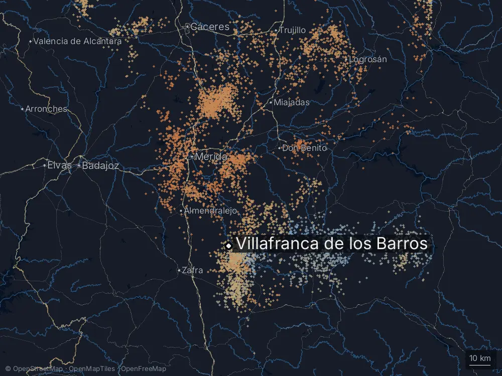 Karte der Blitze bei Villafranca de los Barros am Sonntag, 14. Juni 2026
