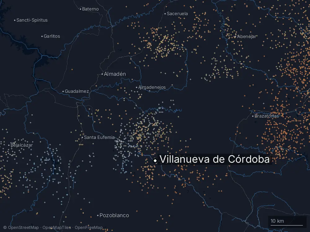 Karte der Blitze bei Villanueva de Córdoba am Sonntag, 14. Juni 2026