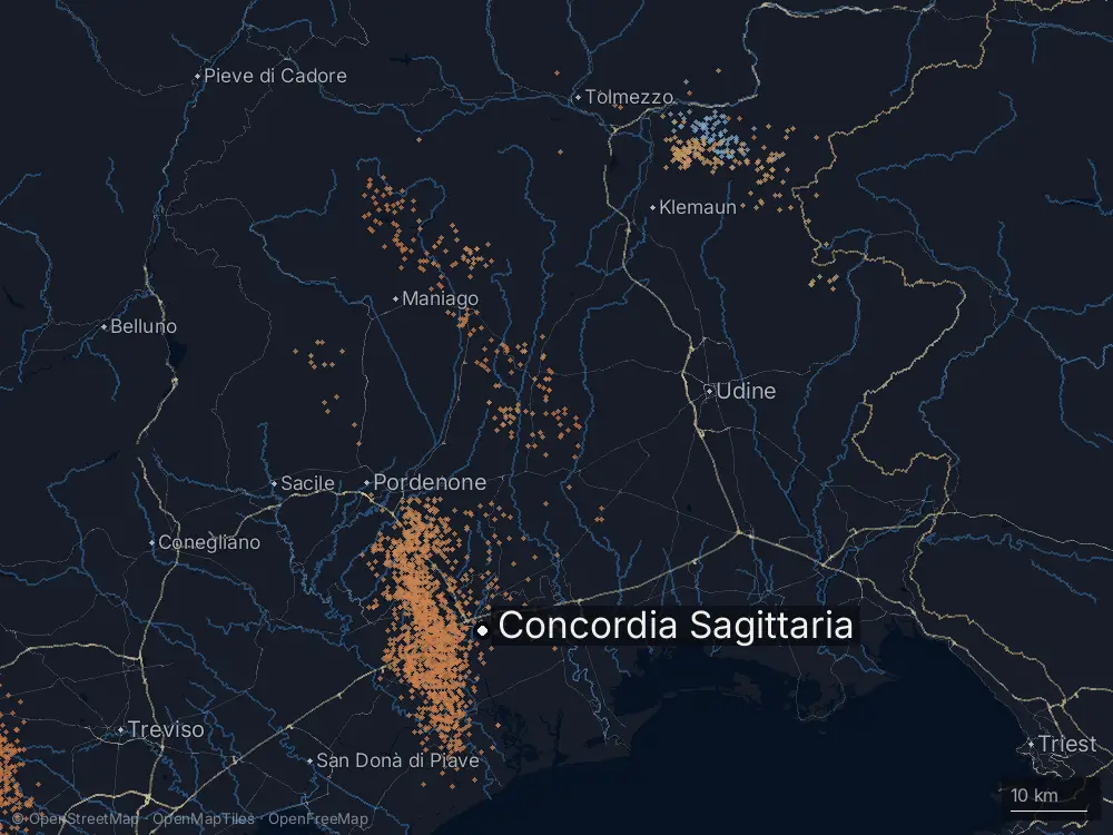 Karte der Blitze bei Concordia Sagittaria am Montag, 15. Juni 2026