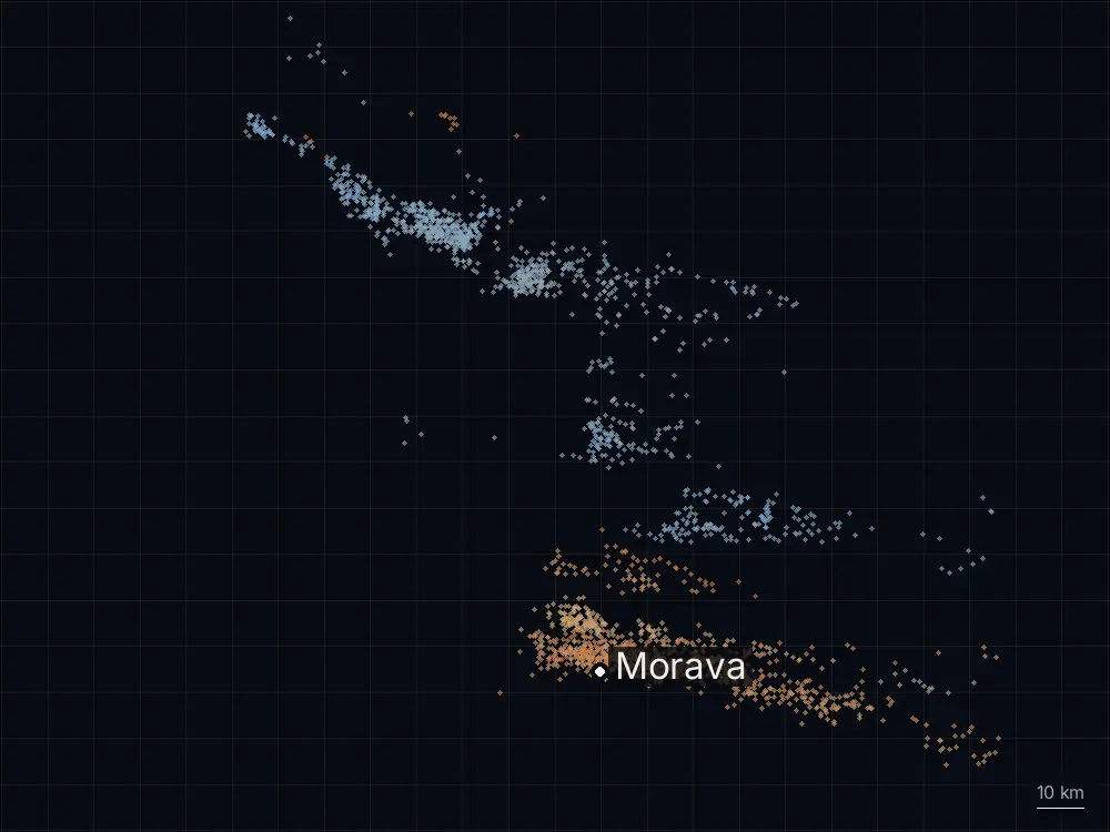 Karte der Blitze bei Morava am Montag, 15. Juni 2026