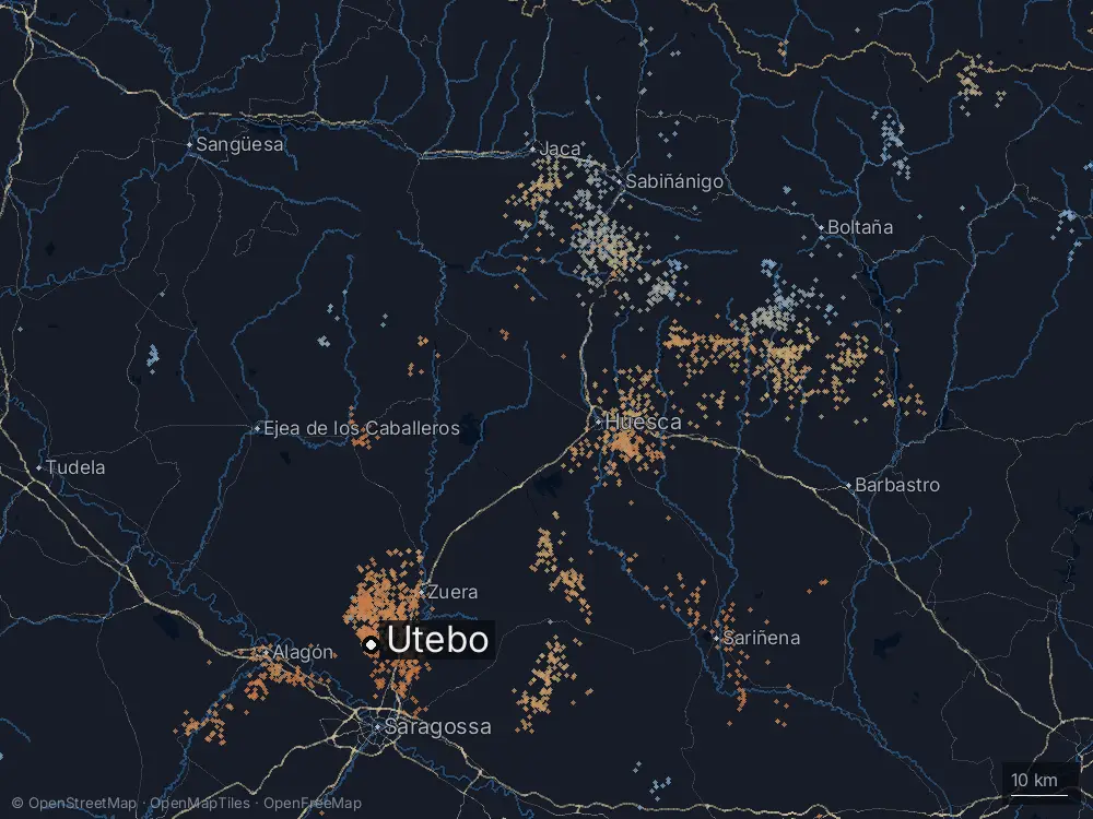 Karte der Blitze bei Utebo am Montag, 15. Juni 2026