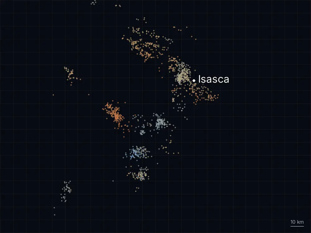 Karte der Blitze bei Isasca am Dienstag, 16. Juni 2026