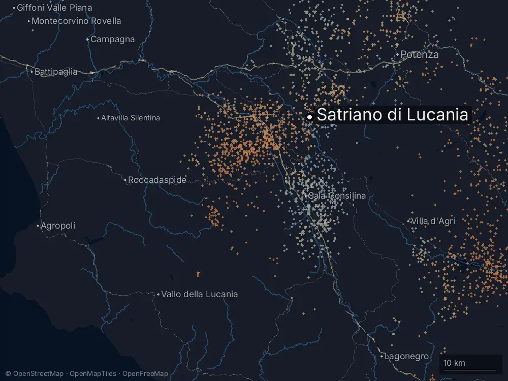 Karte der Blitze bei Satriano di Lucania am Dienstag, 16. Juni 2026