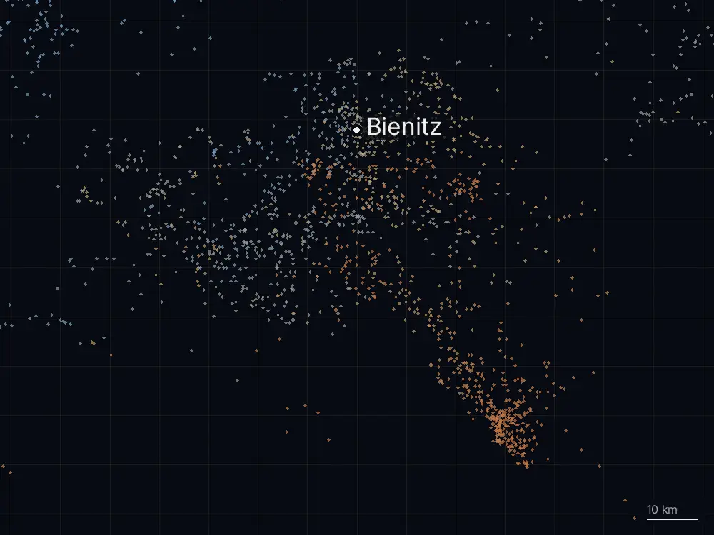 Karte der Blitze bei Bienitz am Freitag, 19. Juni 2026