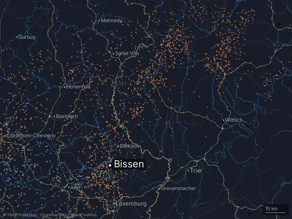 Karte der Blitze bei Bissen am Freitag, 19. Juni 2026