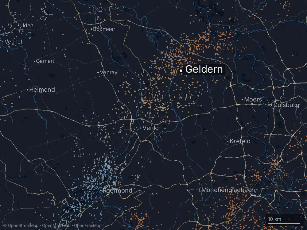 Karte der Blitze bei Geldern am Freitag, 19. Juni 2026