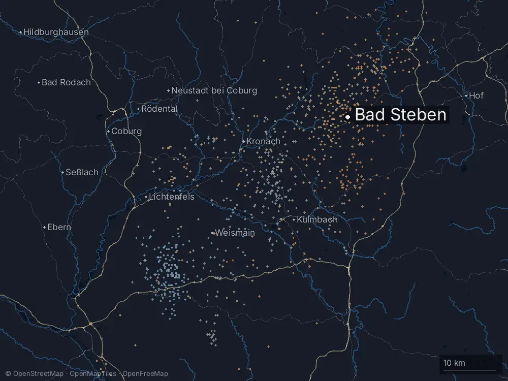 Karte der Blitze bei Bad Steben am Samstag, 20. Juni 2026
