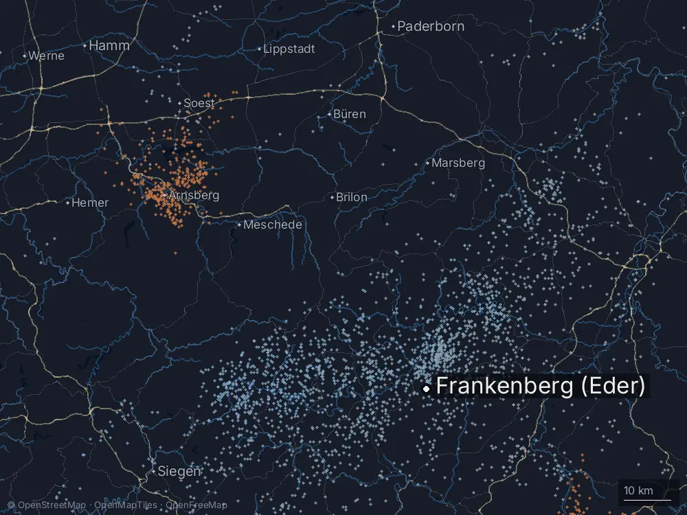 Karte der Blitze bei Frankenberg (Eder) am Samstag, 20. Juni 2026