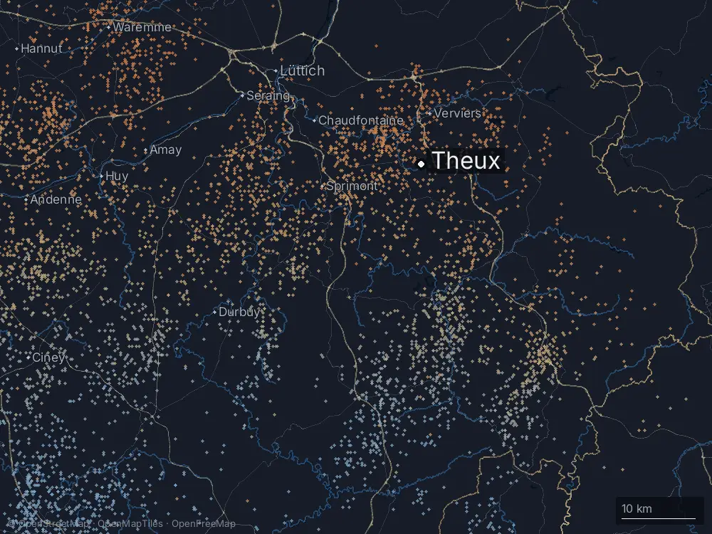 Karte der Blitze bei Theux am Samstag, 20. Juni 2026