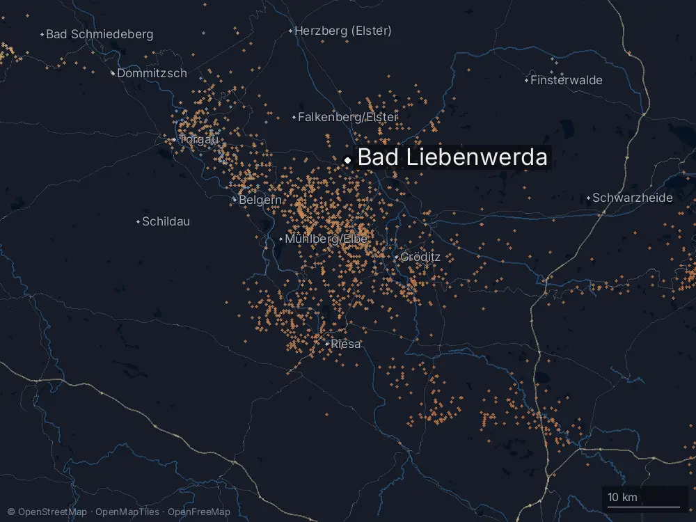 Karte der Blitze bei Bad Liebenwerda am Sonntag, 21. Juni 2026