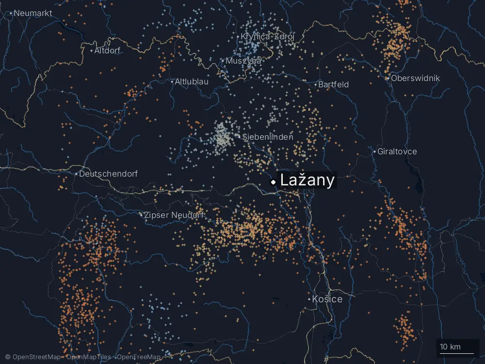 Karte der Blitze bei Lažany am Sonntag, 21. Juni 2026