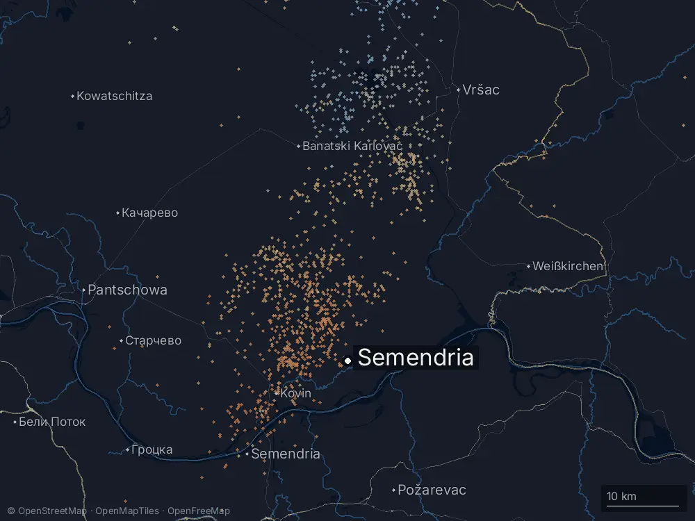 Karte der Blitze bei Semendria am Sonntag, 21. Juni 2026