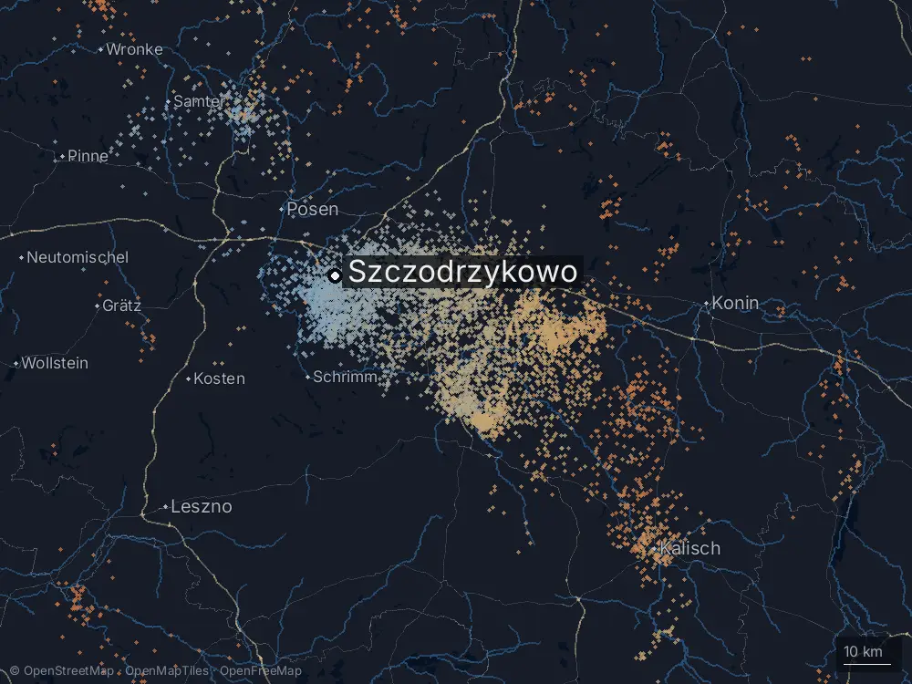 Karte der Blitze bei Szczodrzykowo am Sonntag, 21. Juni 2026