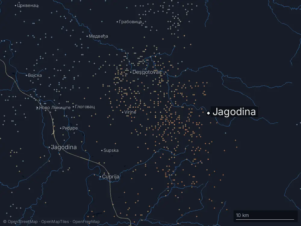 Karte der Blitze bei Jagodina am Montag, 22. Juni 2026