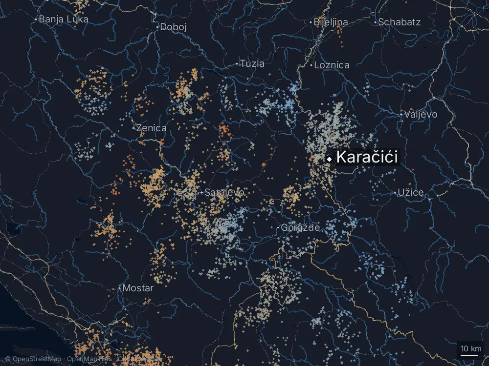 Karte der Blitze bei Karačići am Montag, 22. Juni 2026