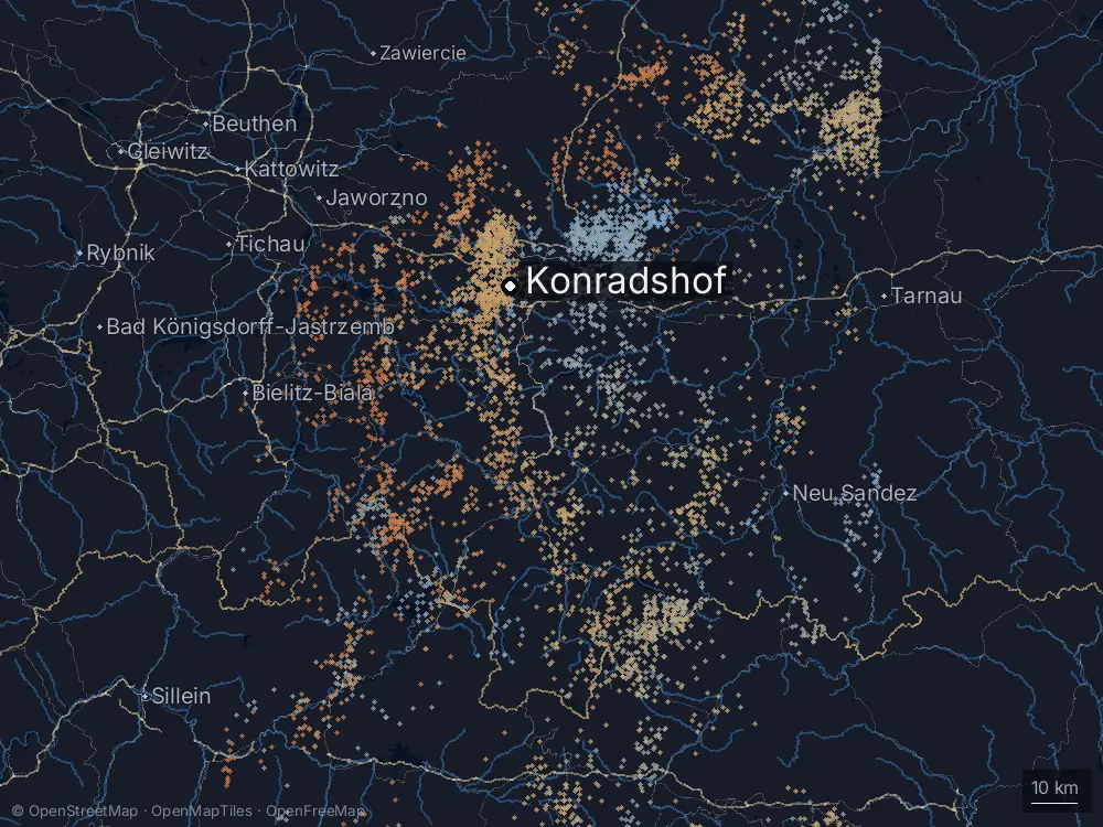 Karte der Blitze bei Konradshof am Montag, 22. Juni 2026