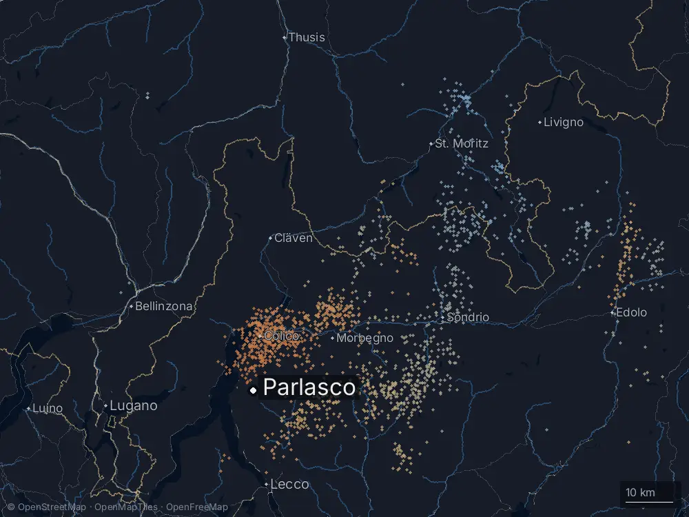 Karte der Blitze bei Parlasco am Montag, 22. Juni 2026