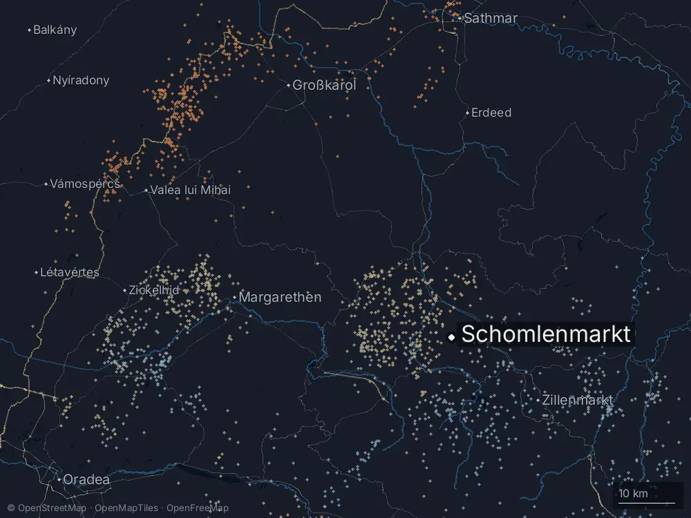 Karte der Blitze bei Schomlenmarkt am Montag, 22. Juni 2026