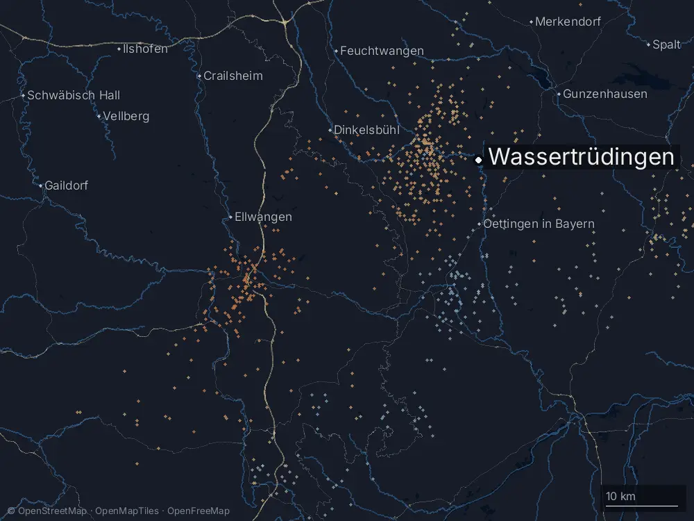 Karte der Blitze bei Wassertrüdingen am Montag, 22. Juni 2026