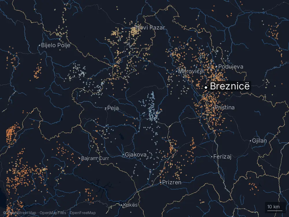 Karte der Blitze bei Breznicë am Dienstag, 23. Juni 2026
